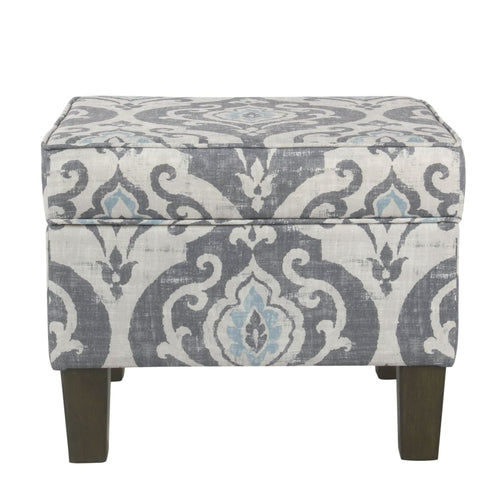 Ottoman | Hidden Storage | Patterned Upholstery | Gray & Blue