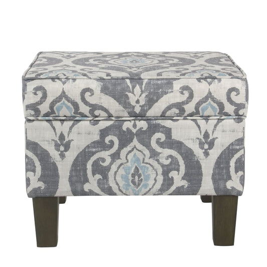 Wooden Ottoman with Patterned Fabric Upholstery and Hidden Storage, Gray and Blue - K7646-A750 By Casagear Home