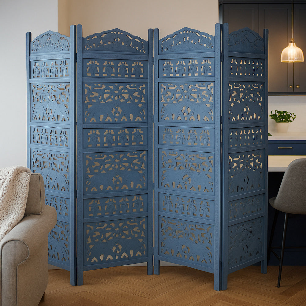 Jumbo 4 Panel Folding Room Divider Screen, Antique Blue Mango Wood, Elephant Motif Carved Design By The Urban Port