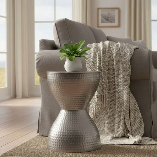 Industrial Style Hammered Texture Iron Stool with Hourglass Shaped Body, Silver By The Urban Port