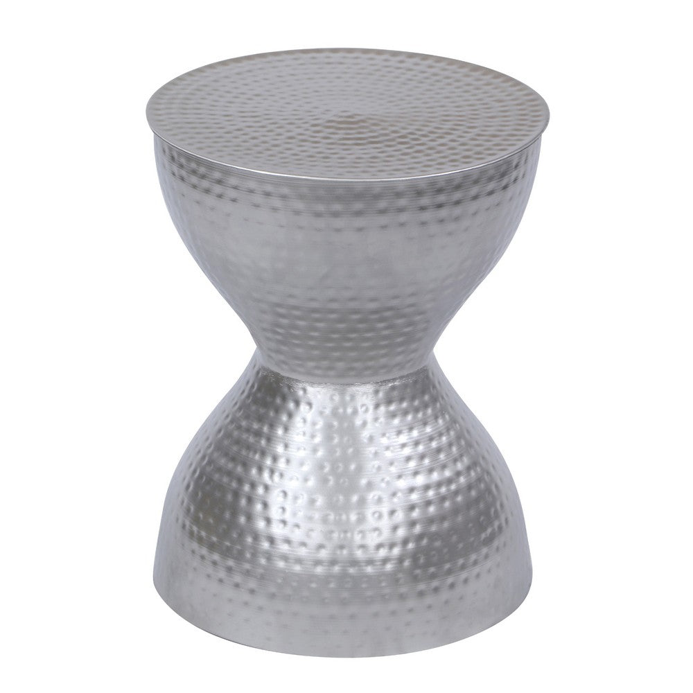 Industrial Style Hammered Texture Iron Stool with Hourglass Shaped Body, Silver By The Urban Port