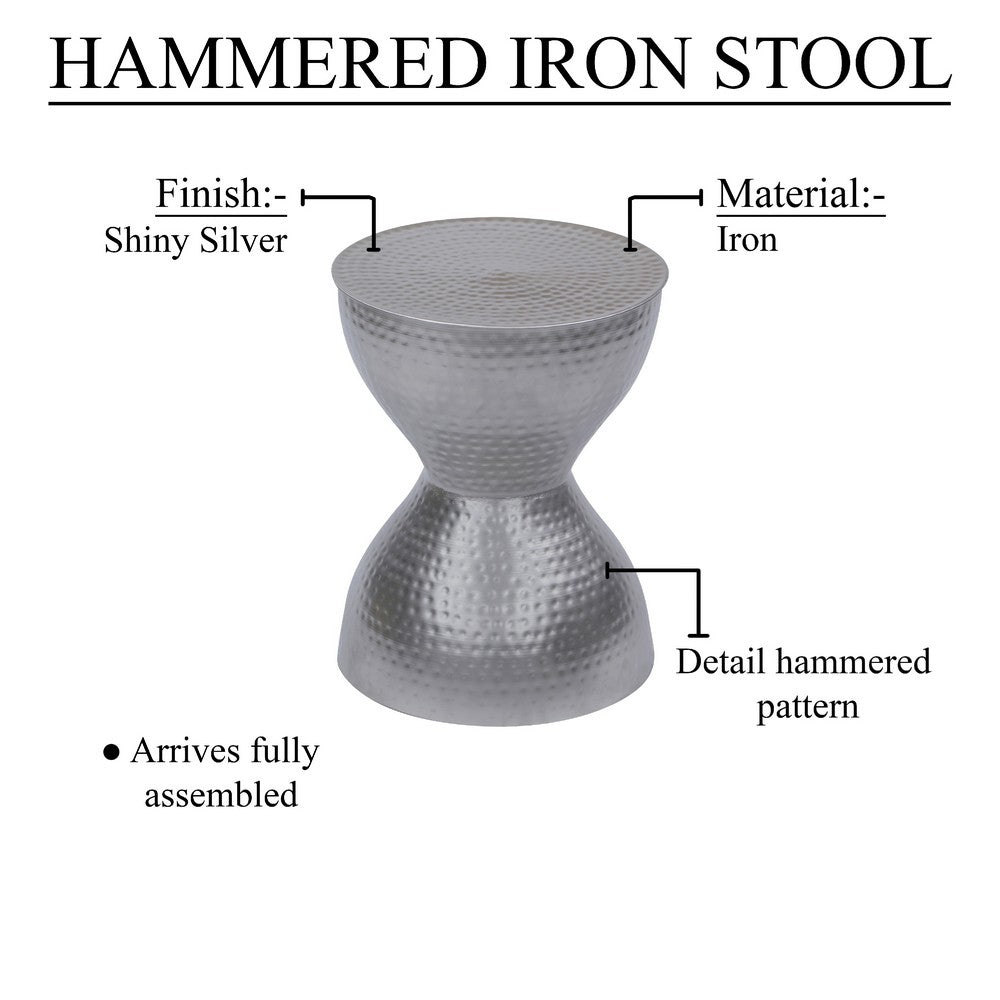 Industrial Style Hammered Texture Iron Stool with Hourglass Shaped Body, Silver By The Urban Port