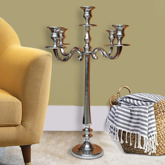 24 Inches Handcrafted 5 Arms Aluminum Candelabra in Traditional Style, Polished Silver Decorative Accessories Casagear Home 