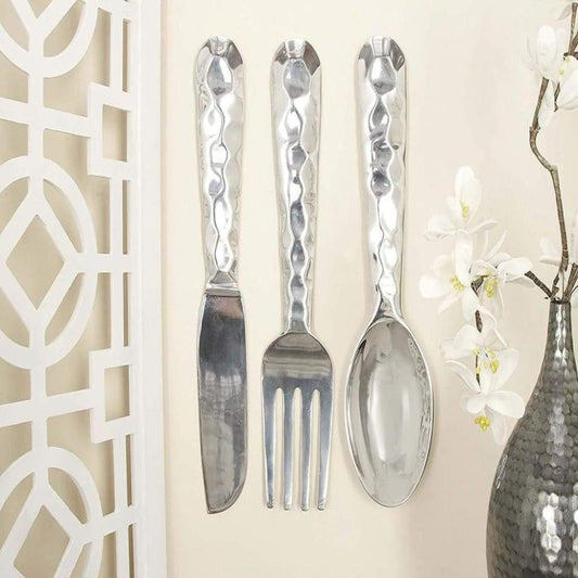 26169 Artistic Cutlery Wall Decor In Metal, Set of Three, Silver-Benzara Wall Decor The Urban Port 