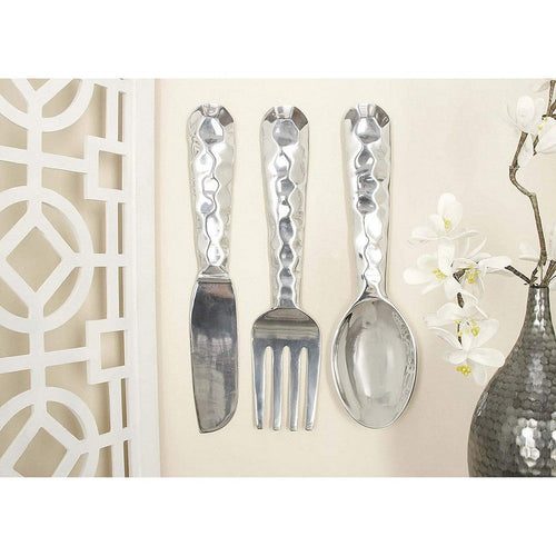 26169 Artistic Cutlery Wall Decor In Metal, Set of Three, Silver-Benzara