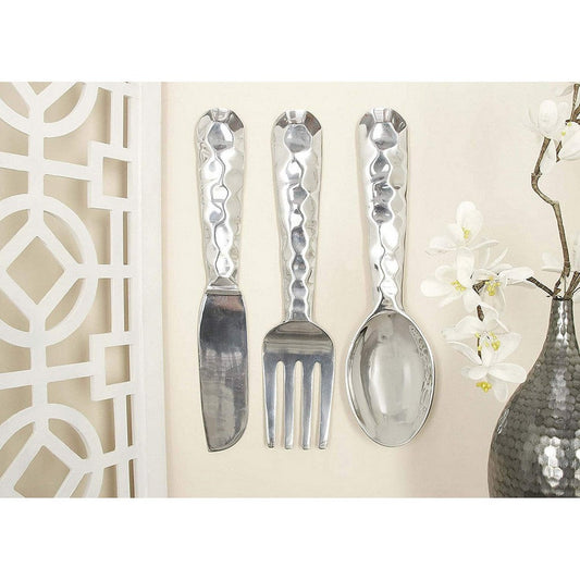 26169 Artistic Cutlery Wall Decor In Metal, Set of Three, Silver-Benzara