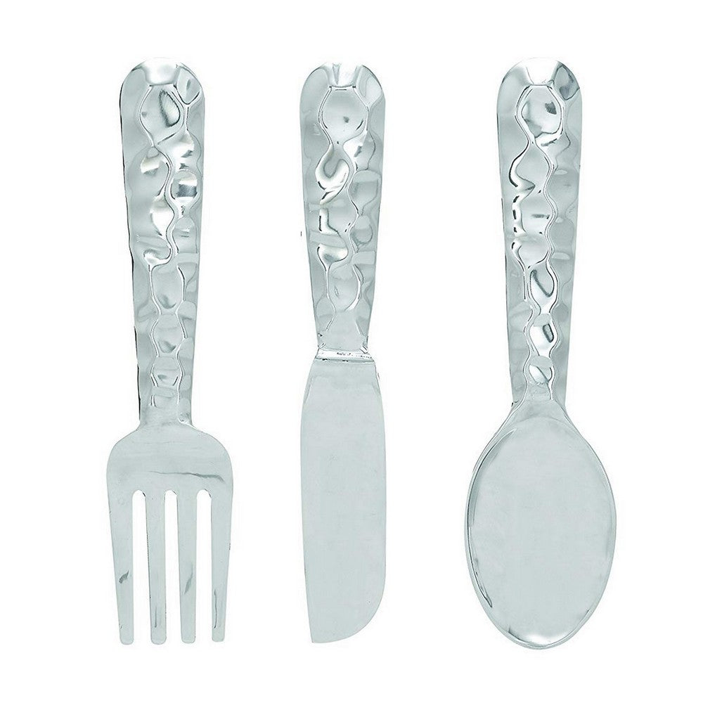 26169 Artistic Cutlery Wall Decor In Metal, Set of Three, Silver-Benzara