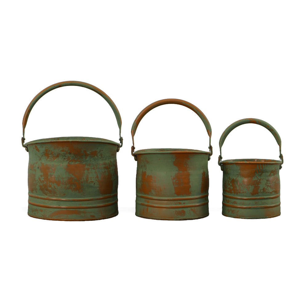 Tinged Metal Bucket Planter With Handles Patina Rust Finish Green Set of 3 - BM01164 BM01164