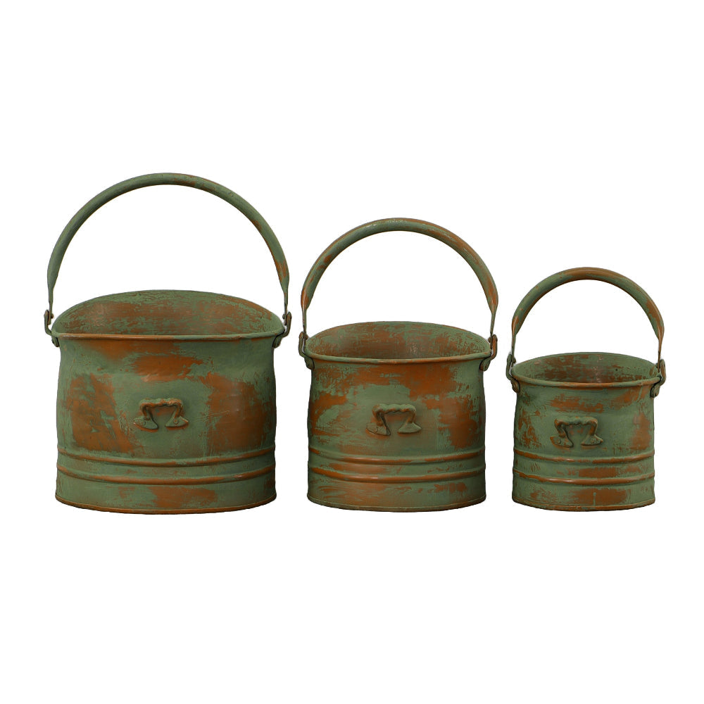 Tinged Metal Bucket Planter With Handles Patina Rust Finish Green Set of 3 - BM01164 BM01164