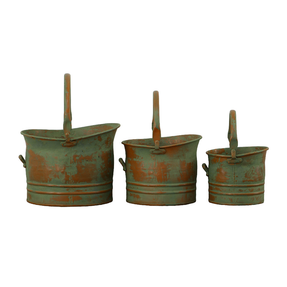 Tinged Metal Bucket Planter With Handles Patina Rust Finish Green Set of 3 - BM01164 BM01164