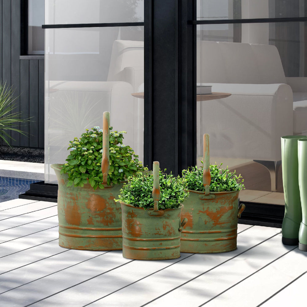 Tinged Metal Bucket Planter With Handles Patina Rust Finish Green Set of 3 - BM01164 BM01164