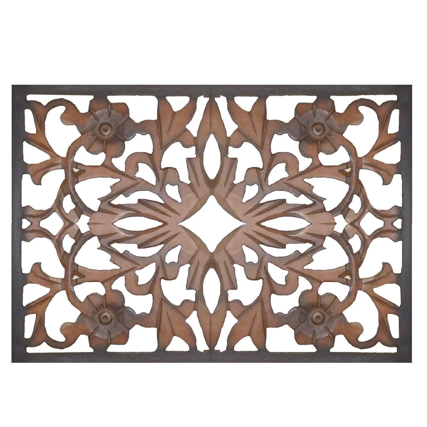 Rectangular Wall Panel with Intricate Floral Carvings, Burnt Black The Urban Port