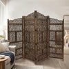 Benzara Hand Carved Foldable 4-Panel Wooden Partition Screen/RoomDivider,Brown - BM01875