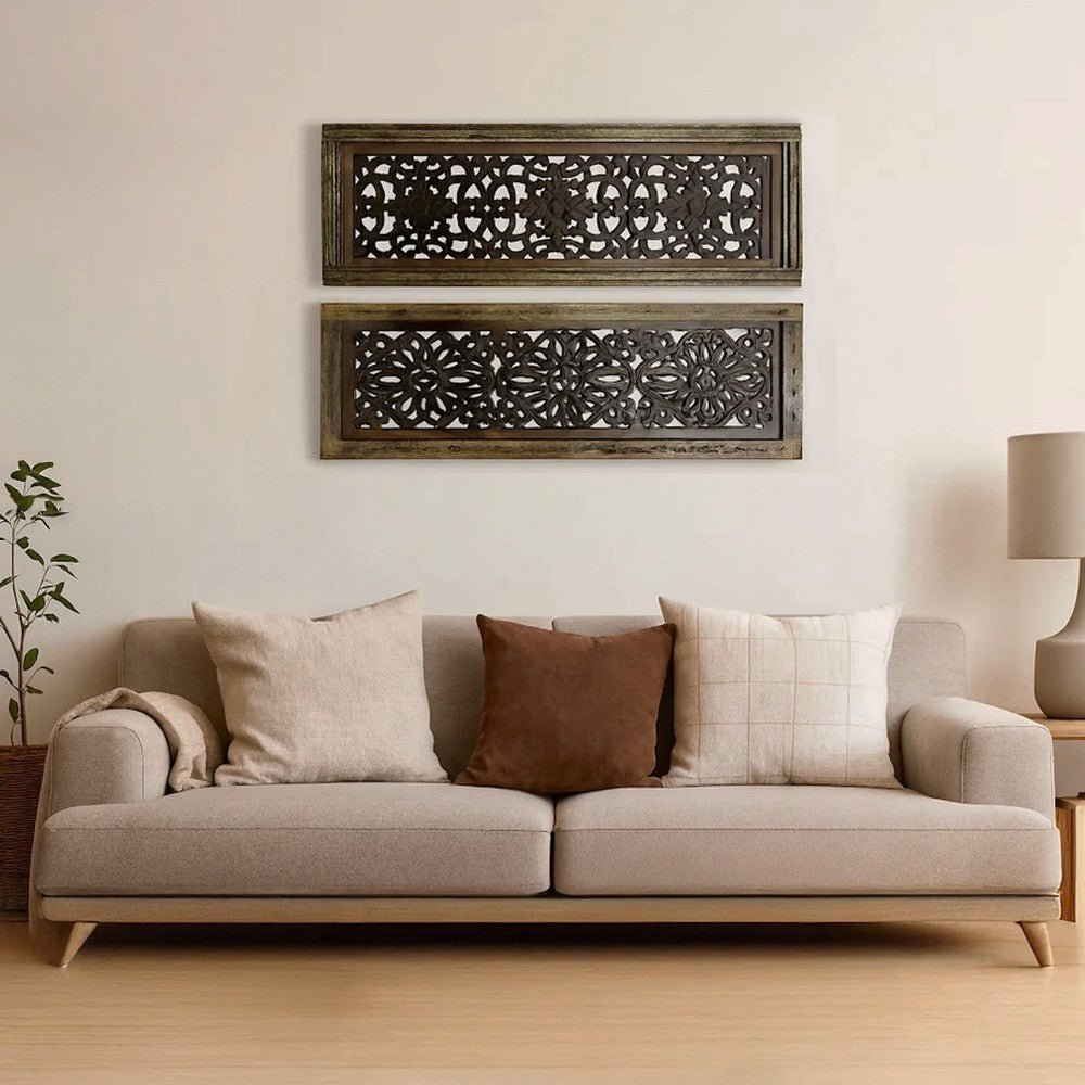 Benzara Floral Hand Carved Wooden Wall Panels, Assortment of Two, Brown