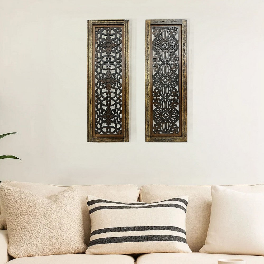 Benzara Floral Hand Carved Wooden Wall Panels, Assortment of Two, Brown