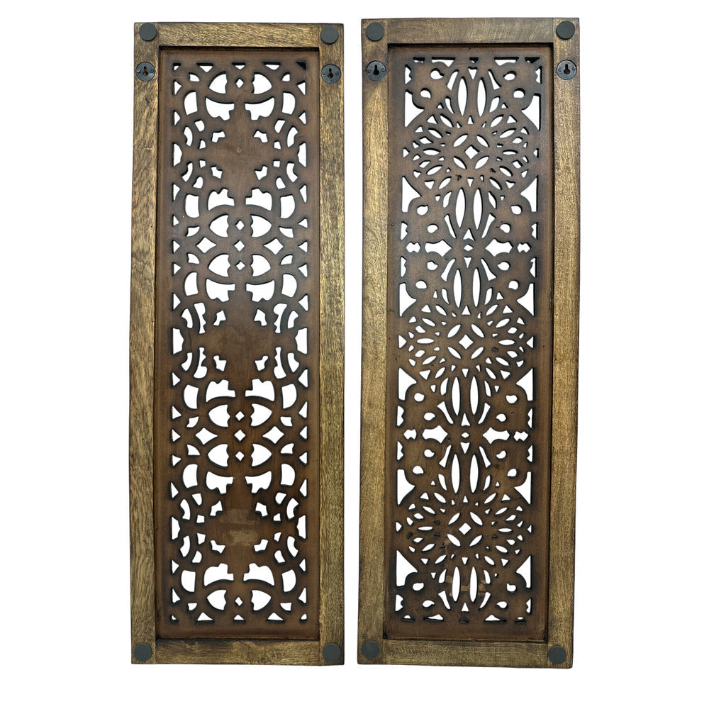 Benzara Floral Hand Carved Wooden Wall Panels Assortment of Two Brown BM01881