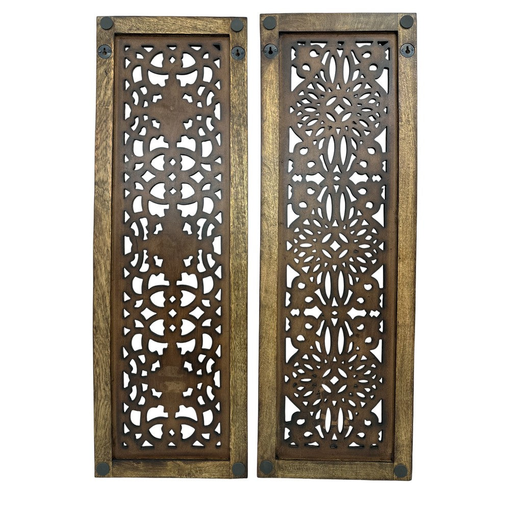 Benzara Floral Hand Carved Wooden Wall Panels, Assortment of Two, Brown