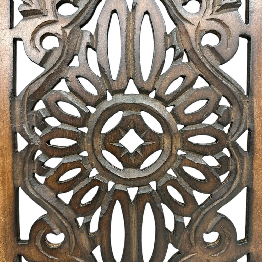 Benzara Floral Hand Carved Wooden Wall Panels, Assortment of Two, Brown