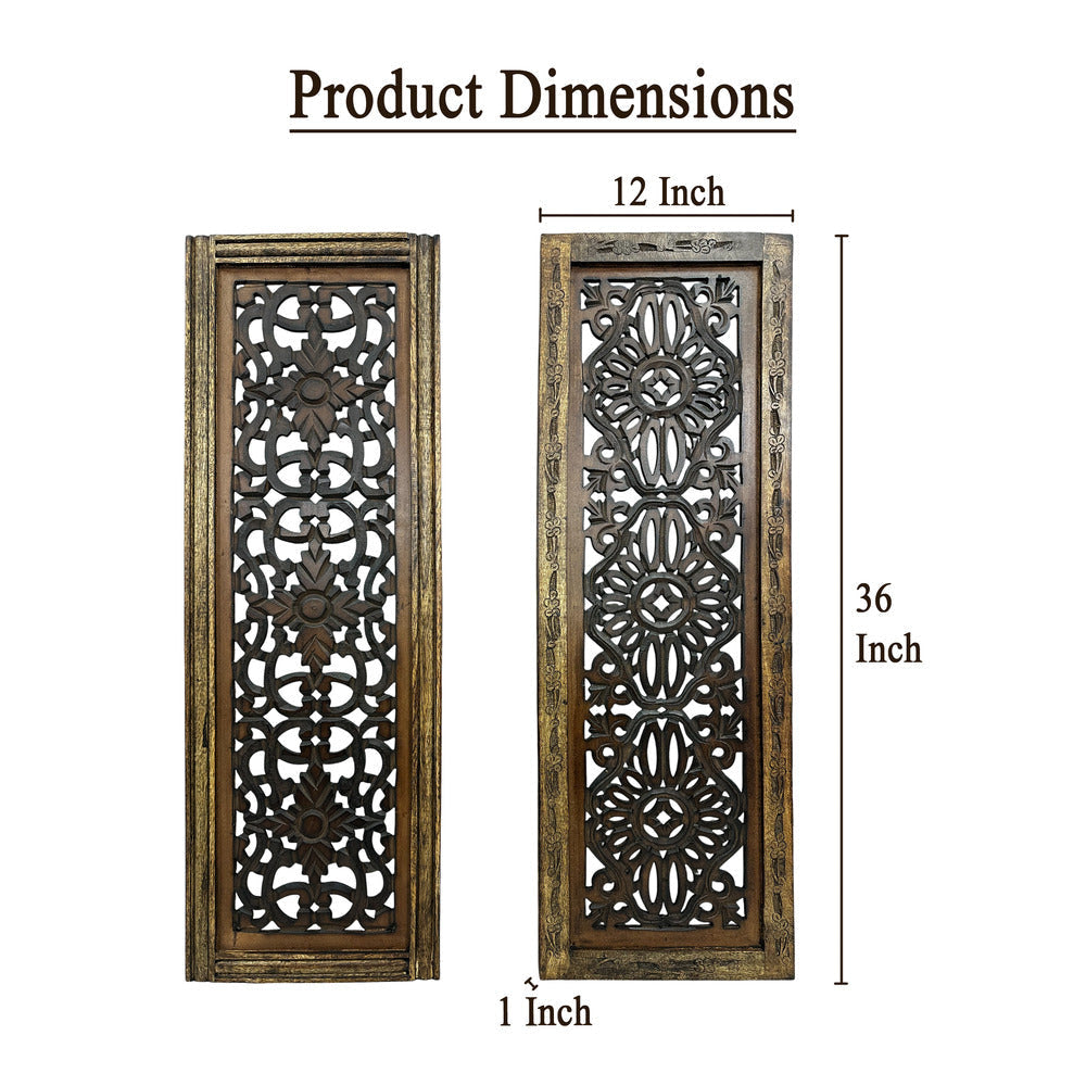Benzara Floral Hand Carved Wooden Wall Panels Assortment of Two Brown BM01881