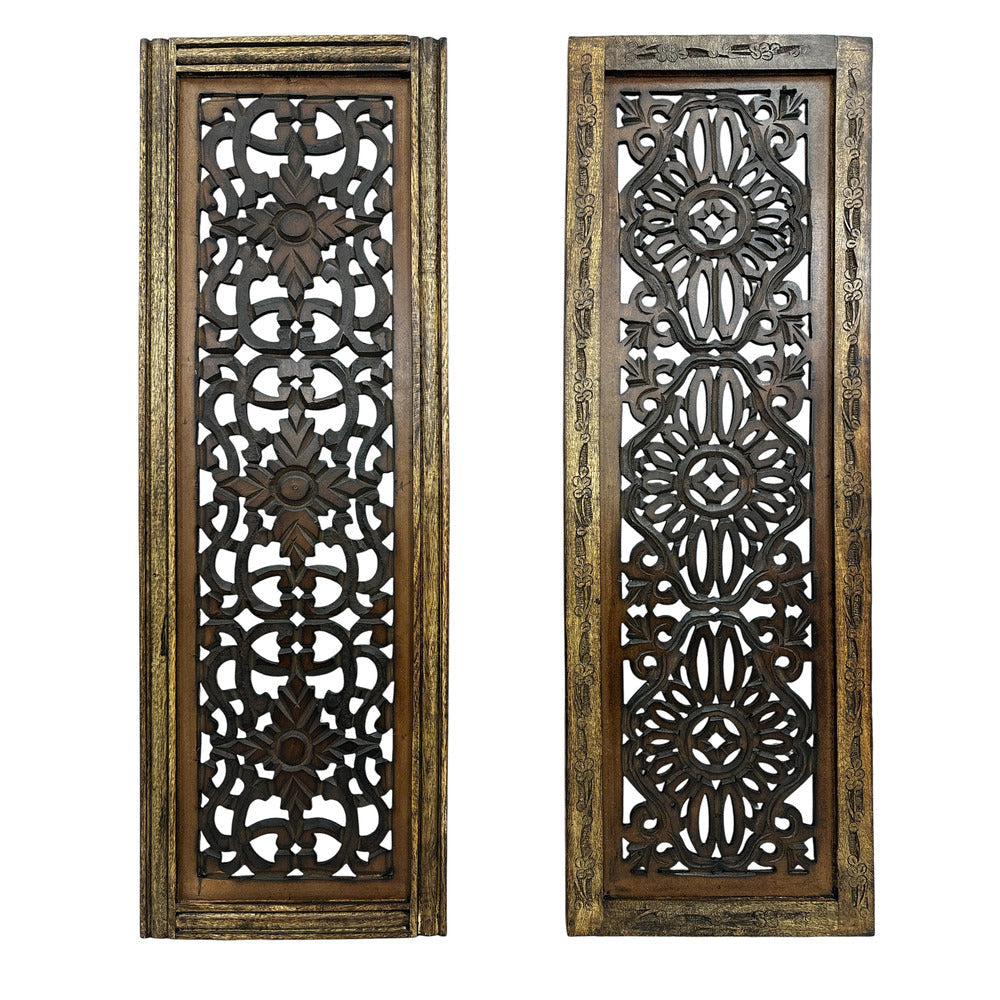 Benzara Floral Hand Carved Wooden Wall Panels Assortment of Two Brown BM01881