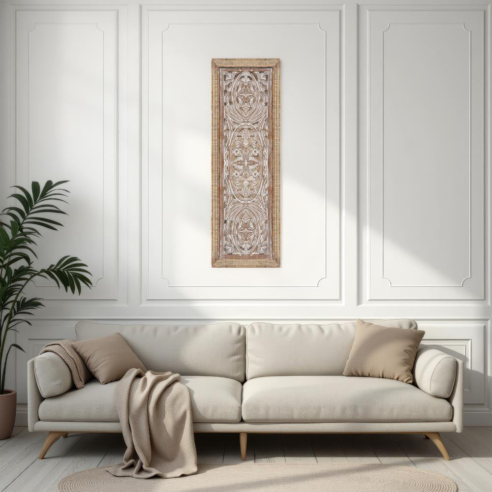 Rectangular Mango Wood Wall Panel Hand Crafted With Intricate Carving, White and Brown The Urban Port