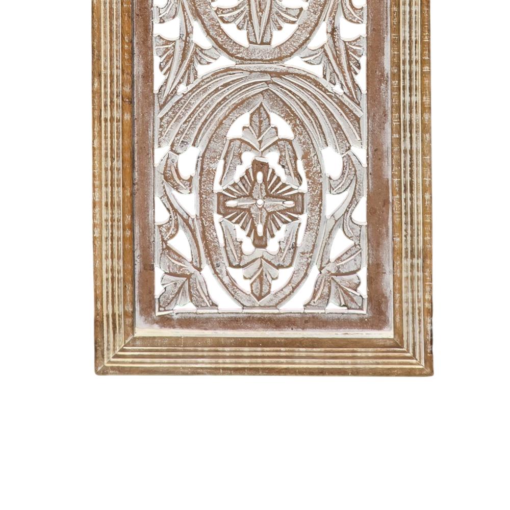 Rectangular Mango Wood Wall Panel Hand Crafted With Intricate Carving White and Brown The Urban Port 34130
