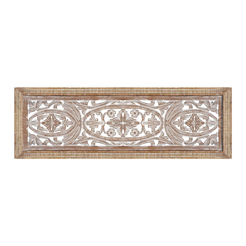 Rectangular Mango Wood Wall Panel Hand Crafted With Intricate Carving White and Brown The Urban Port 34130