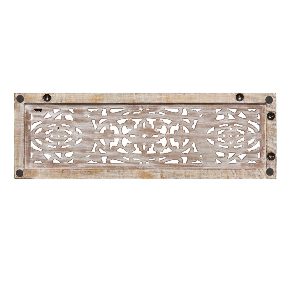 Rectangular Mango Wood Wall Panel Hand Crafted With Intricate Carving White and Brown The Urban Port 34130