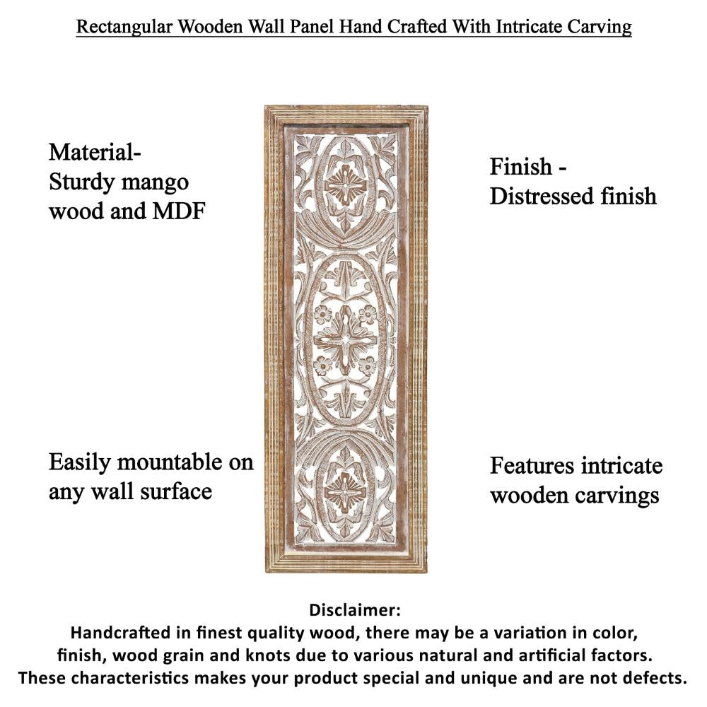 Rectangular Mango Wood Wall Panel Hand Crafted With Intricate Carving White and Brown The Urban Port 34130