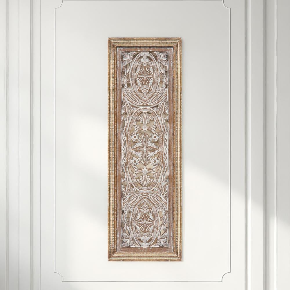 Rectangular Mango Wood Wall Panel Hand Crafted With Intricate Carving White and Brown The Urban Port 34130