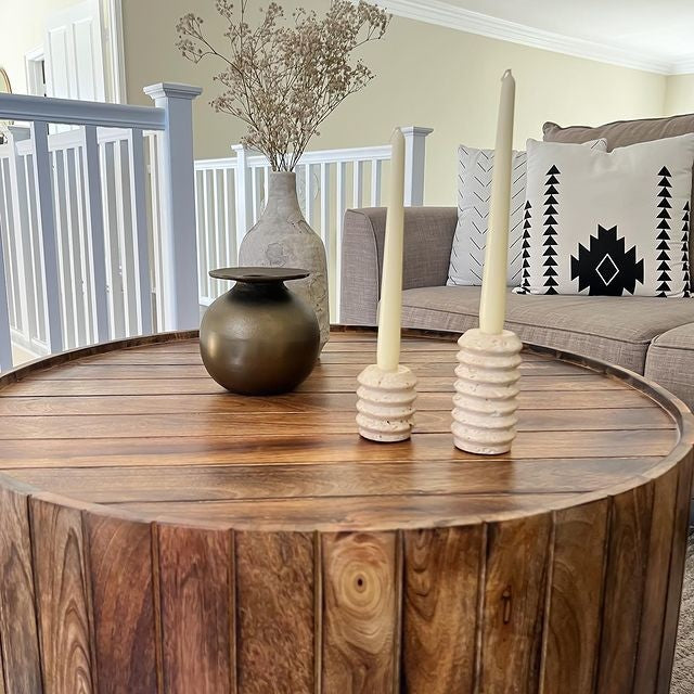 34 Inch Plank Style Round Mango Wood Coffee Table Handmade Dark Brown By The Urban Port UPT-204785