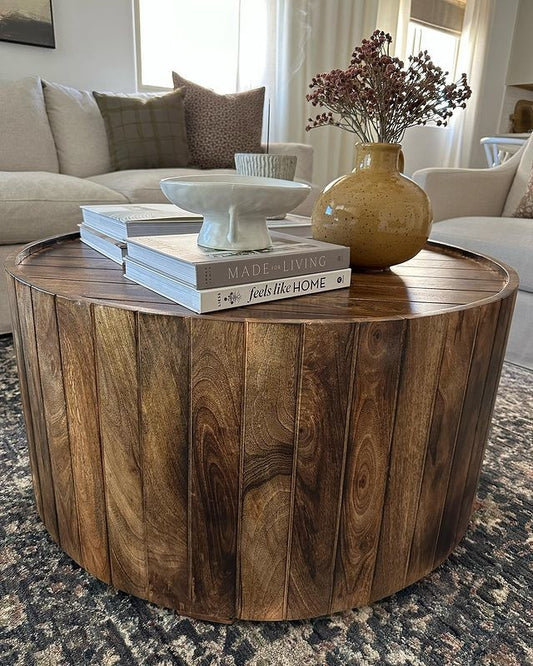 34 Inch Plank Style Round Mango Wood Coffee Table Handmade Dark Brown By The Urban Port UPT-204785