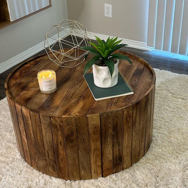 34 Inch Plank Style Round Mango Wood Coffee Table Handmade Dark Brown By The Urban Port UPT-204785