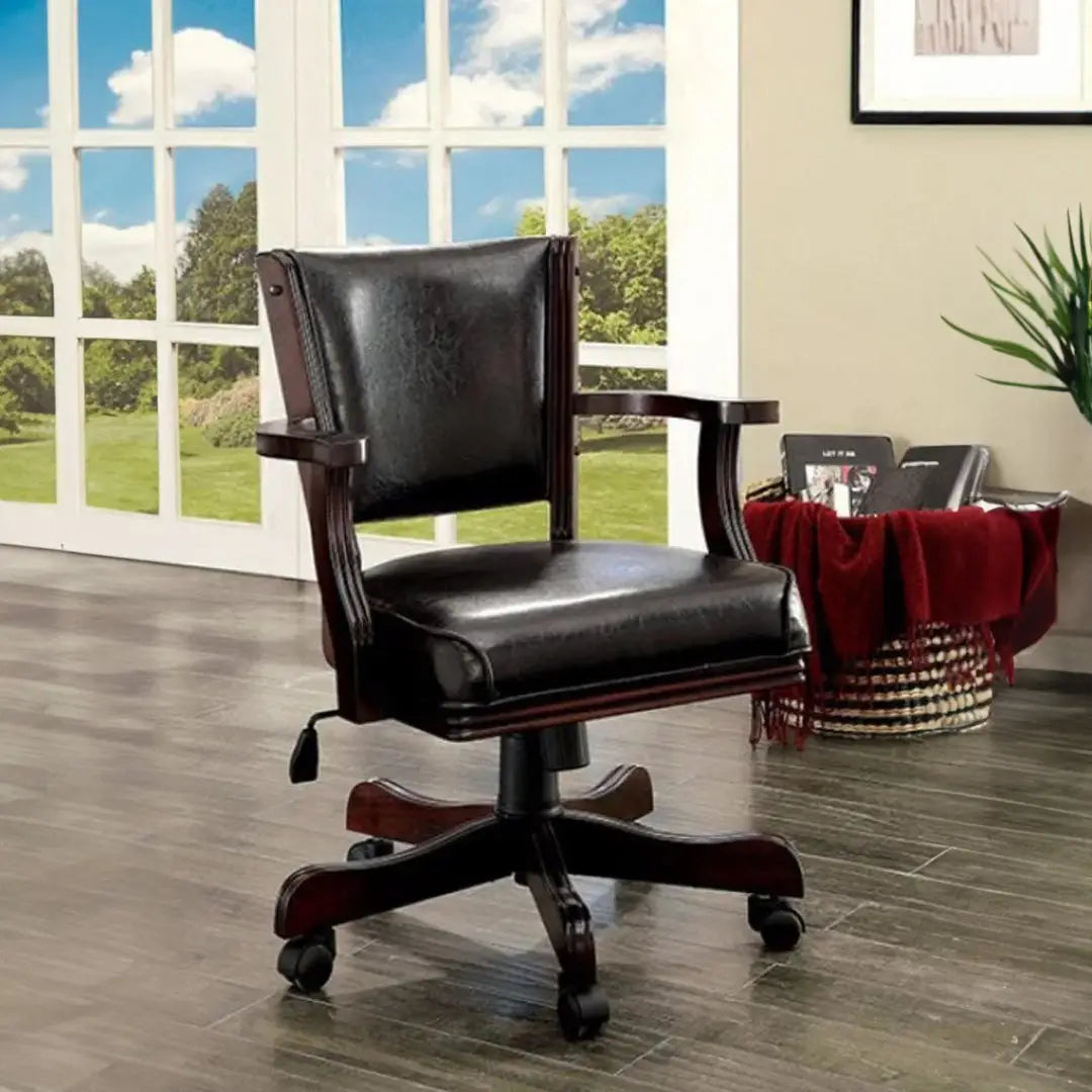 a faux leather swivel office armchair