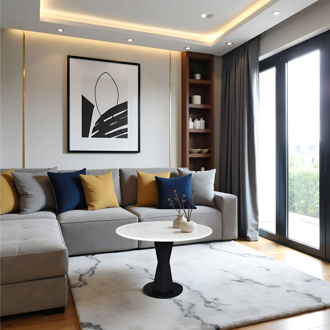 Coffee Table, White Marble Top on Modern Iron Stand