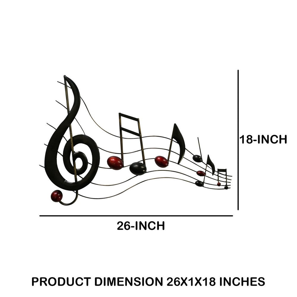 26 Inch Handmade Metal Wall Mount Accent Decor with Musical Notes and Treble Clef Black Red By The Urban Port BM05414
