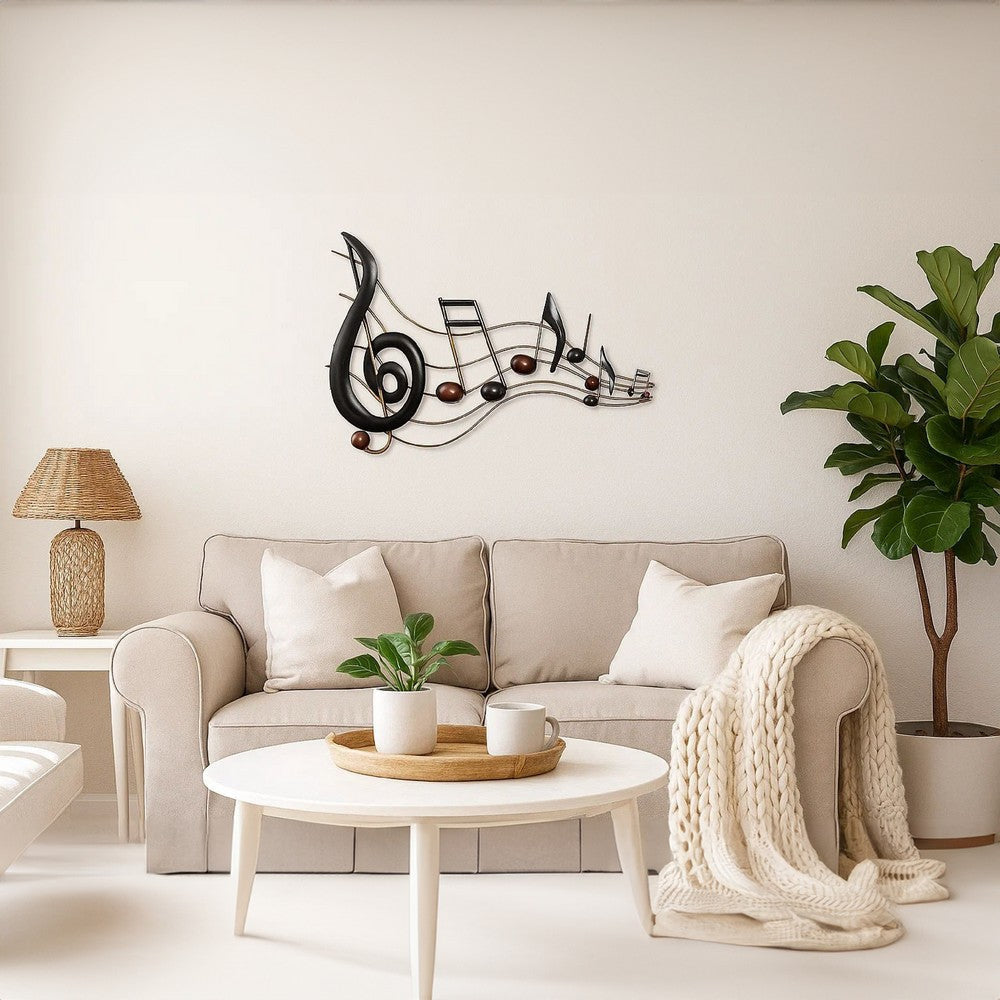 26 Inch Handmade Metal Wall Mount Accent Decor with Musical Notes and Treble Clef, Black, Red By The Urban Port