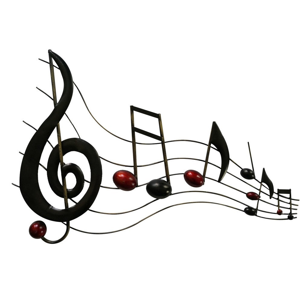 26 Inch Handmade Metal Wall Mount Accent Decor with Musical Notes and Treble Clef Black Red By The Urban Port BM05414
