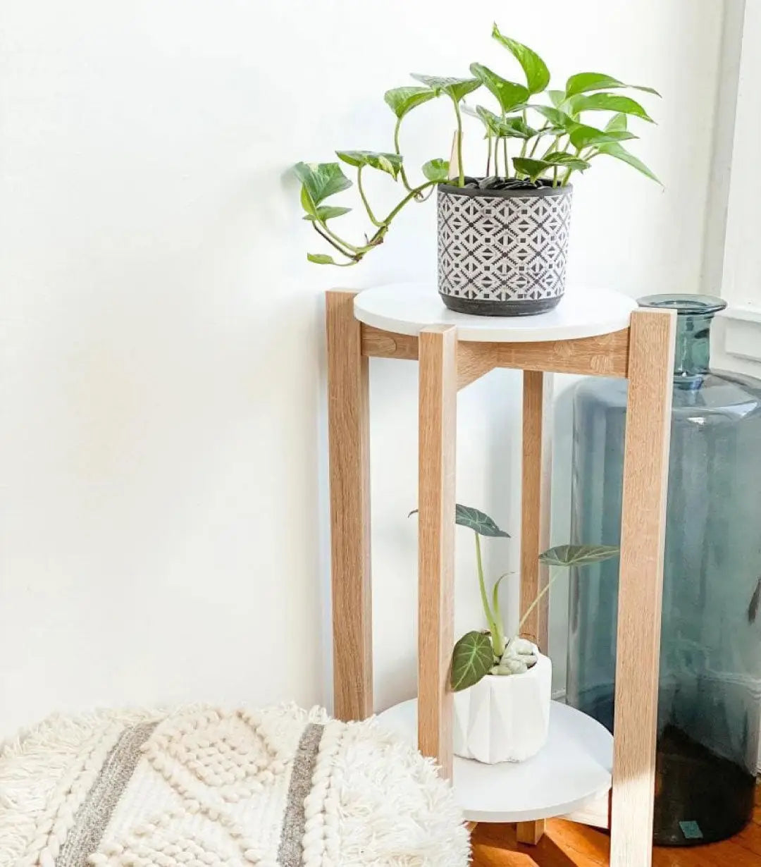 Natural Wood Plant Stand With Two Round Shelves Natural Wood Plant Stand With Two Round Shelves
