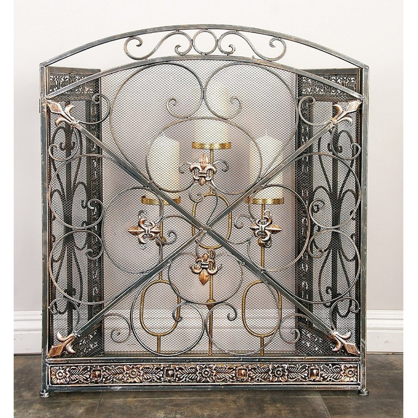 Traditional 3 Panel Metal Fire Screen With Filigree Design, Bronze, Black  The Urban Port