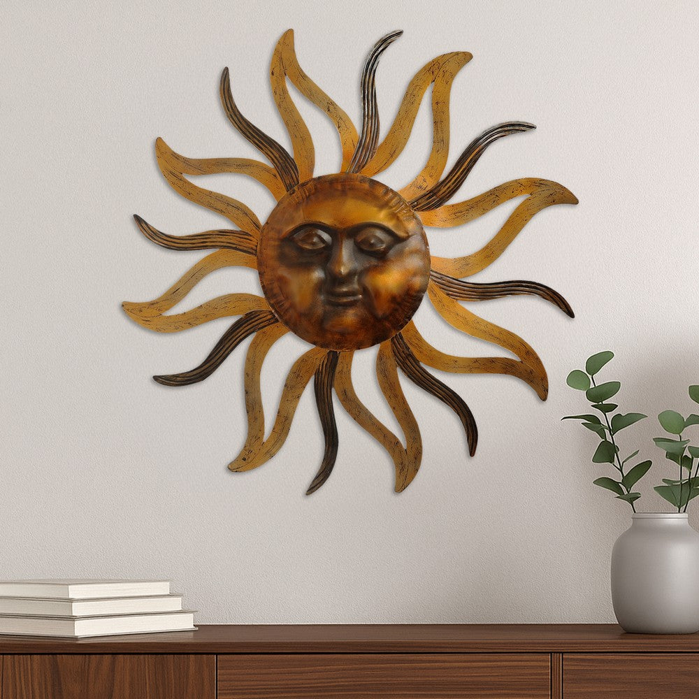 35 Inch Round Wall Mounted Sun Face Accent Decor, Carved Rustic Gold and Black Metal The Urban Port