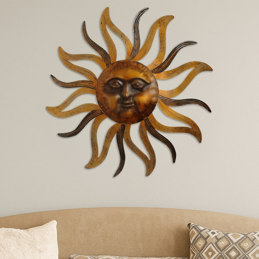 35 Inch Round Wall Mounted Sun Face Accent Decor, Carved Rustic Gold and Black Metal The Urban Port