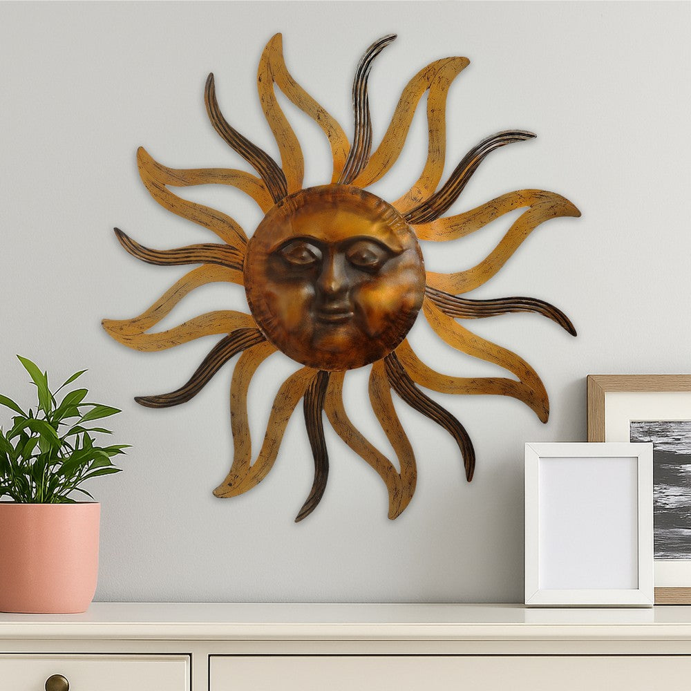 35 Inch Round Wall Mounted Sun Face Accent Decor, Carved Rustic Gold and Black Metal The Urban Port
