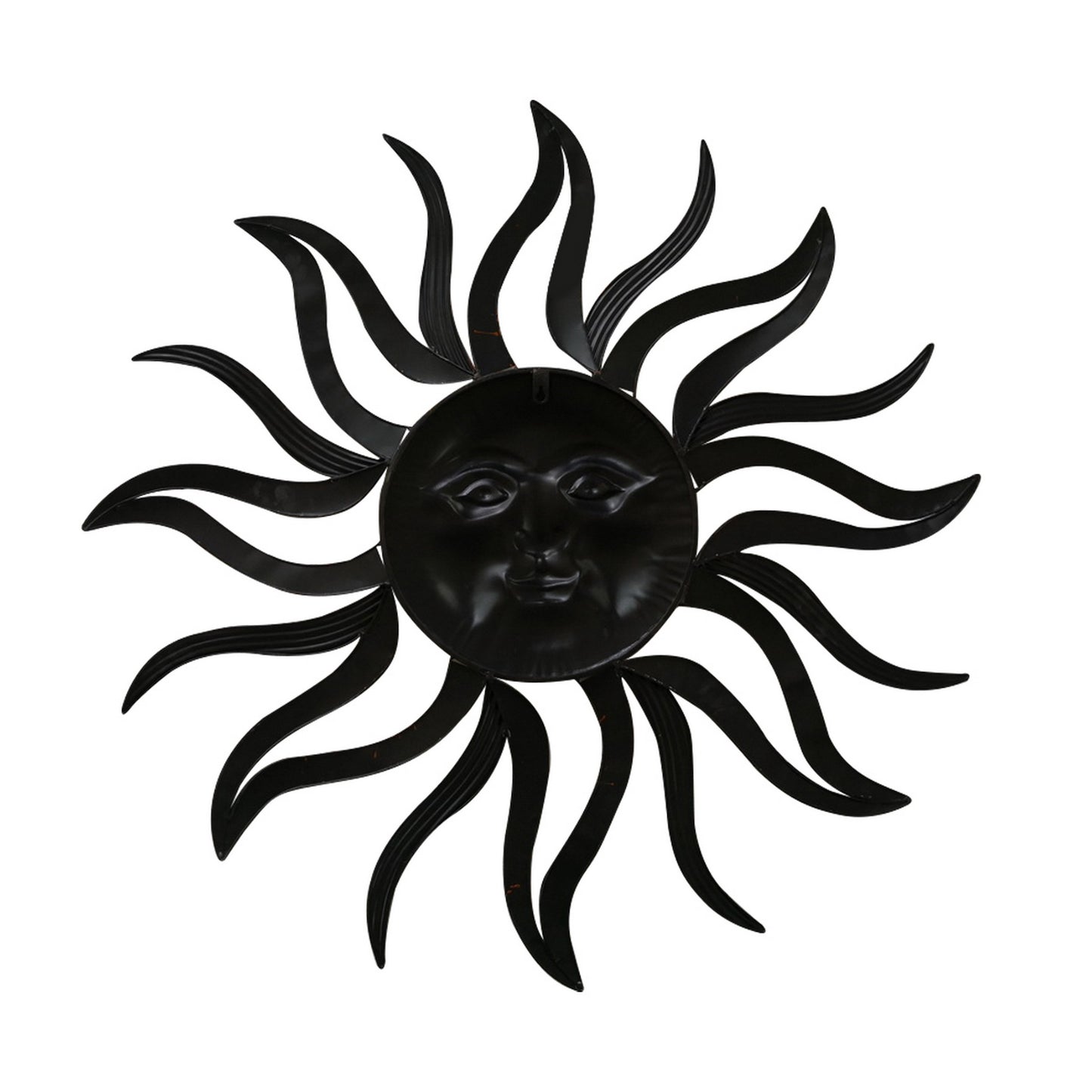 35 Inch Round Wall Mounted Sun Face Accent Decor, Carved Rustic Gold and Black Metal The Urban Port