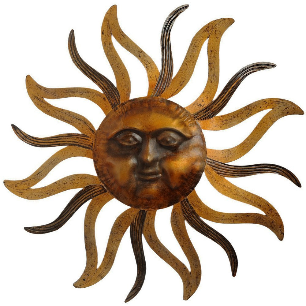 35 Inch Round Wall Mounted Sun Face Accent Decor, Carved Rustic Gold and Black Metal The Urban Port