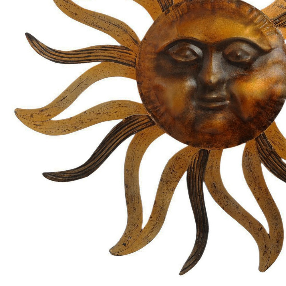 35 Inch Round Wall Mounted Sun Face Accent Decor, Carved Rustic Gold and Black Metal The Urban Port