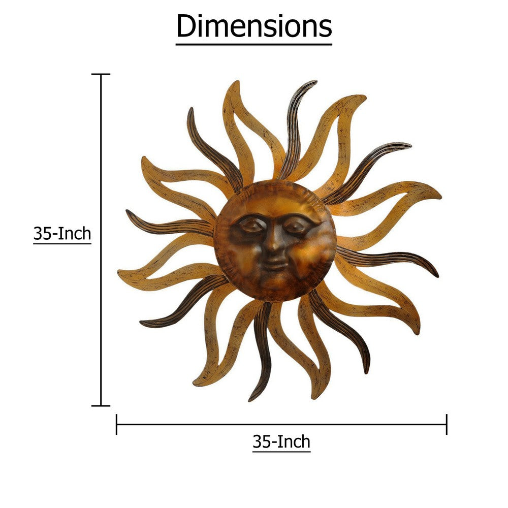 35 Inch Round Wall Mounted Sun Face Accent Decor, Carved Rustic Gold and Black Metal The Urban Port