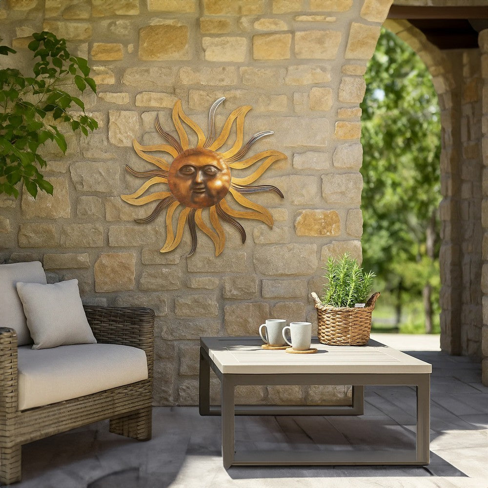 35 Inch Round Wall Mounted Sun Face Accent Decor, Carved Rustic Gold and Black Metal The Urban Port