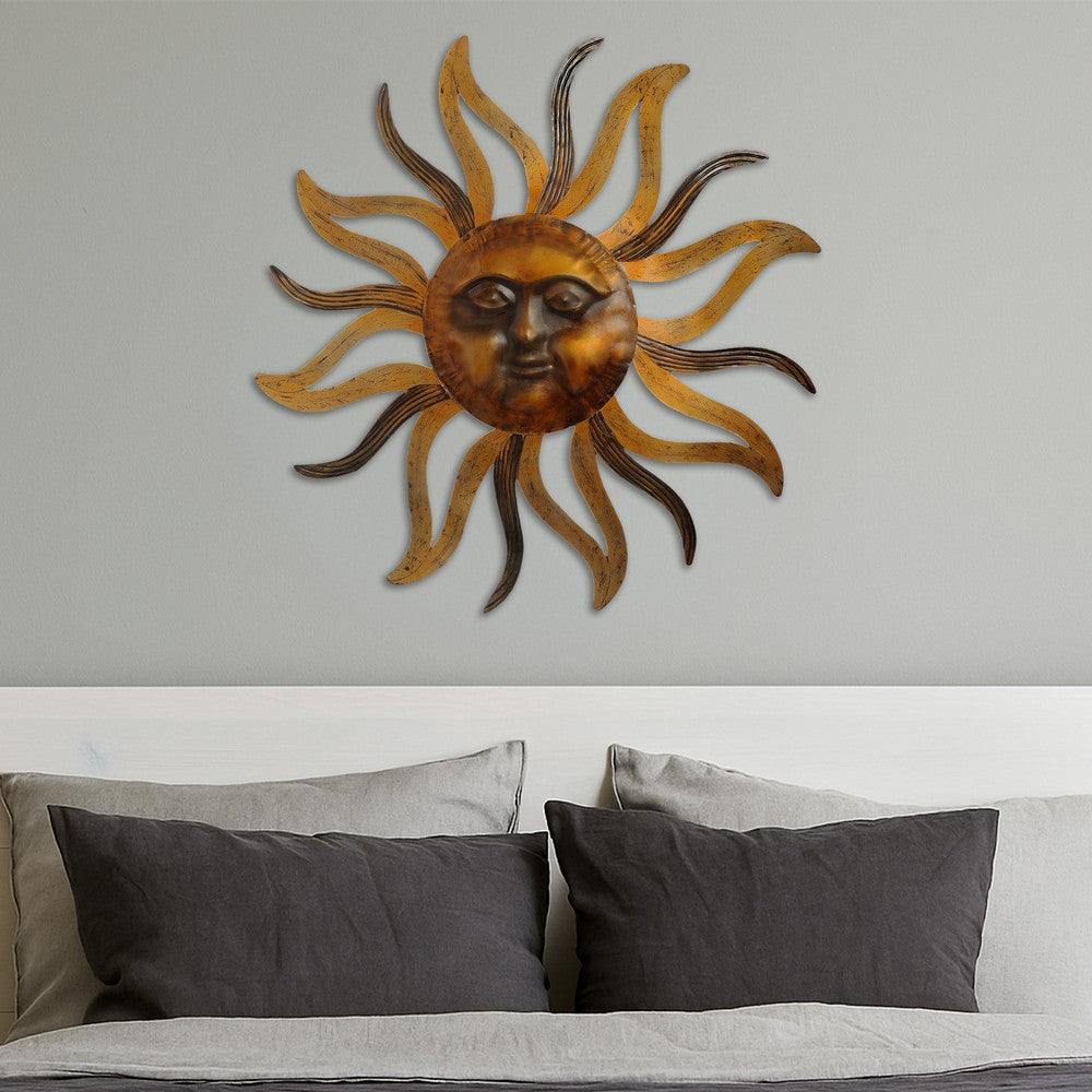 35 Inch Round Wall Mounted Sun Face Accent Decor, Carved Rustic Gold and Black Metal The Urban Port