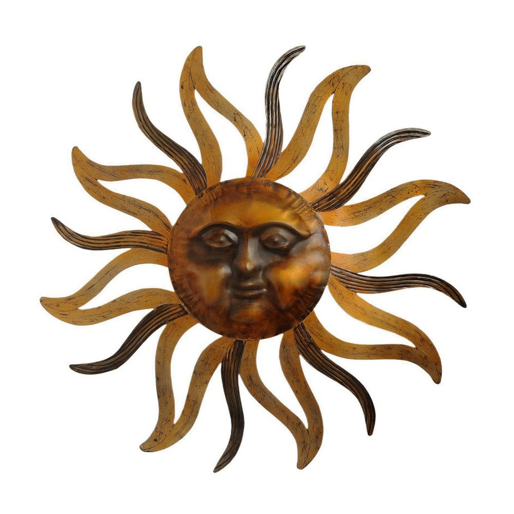 35 Inch Round Wall Mounted Sun Face Accent Decor, Carved Rustic Gold and Black Metal The Urban Port